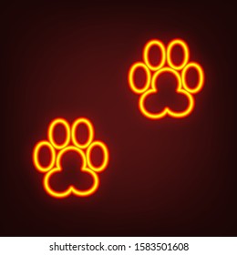 Animal footprint sign illustration. Yellow, orange, red neon icon at dark reddish background. Illumination. Illustration.