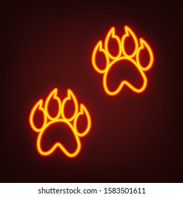 Animal footprint sign illustration. Yellow, orange, red neon icon at dark reddish background. Illumination. Illustration.