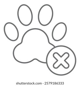 Animal footprint tracing ban thin line icon, prohibited items concept. Vector graphics. Pet foot print forbidden sign on white background, outline style icon for mobile or web design