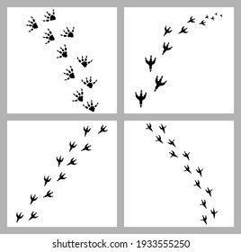 Animal footprint track set. Dinosaur foot print trail vector black shape