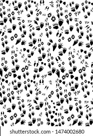 animal footprints background, monochrome pattern of paws of animals and birds. black and white