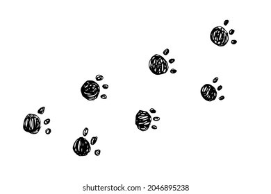 Animal Footprints. Black Footprints On A White Background. Paw Prints. Doodle. Vector. Drawn By Hand.