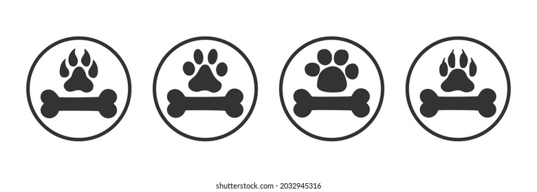 Animal footprints and bone icon. Traces. Set of animal paws and bone. Vector.