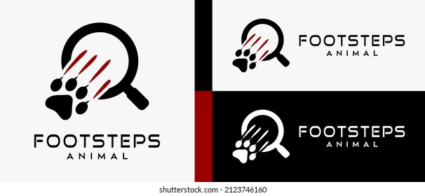 Animal footprints, lion, tiger or cat footprints logo design templates and magnifying glass icons with creative and cool concepts. premium vector logo illustration