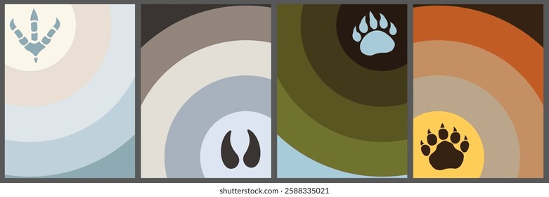 Animal footprints on a geometric background. Bright colors. Background in flat cartoon style. EPS 10.