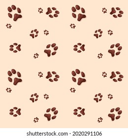 Animal footprints pattern. Cat or dog brown footprints on beige background. Vector cartoon illustration