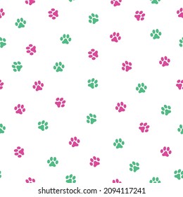 animal footprints pattern. white background. pink and green footprints . vector texture. fashionable print for textiles and wallpaper.