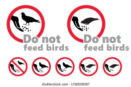 Animal Forbidden, do not feed the birds on street city Pigeons warning sign. Vector birds icons Caution signbaord. Forbid Prohibited pictoram No ban Stop halt allowed area Ring dove Hand feeds animals