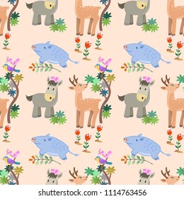 Animal in forest with bird on trees and beautiful flowers seamless pattern vector design.