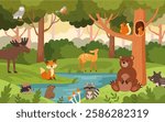 Animal forest cartoon. Cute woodland illustration. Deer, bear, cute fox and squirrel. Child background of nature with trees and river. Childish poster and banner for nursery, vector kids landscape