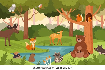 Animal forest cartoon. Cute woodland illustration. Deer, bear, cute fox and squirrel. Child background of nature with trees and river. Childish poster and banner for nursery, vector kids landscape