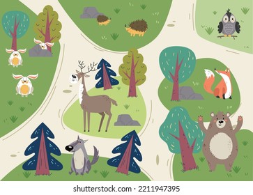 Animal forest park plan map safari abstract concept. Vector graphic design illustration
