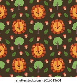 Animal forest seamless pattern with cute lio face.