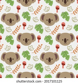 Animal forest seamless pattern vector design with koala face, leaves, and mushroom. Good for kids nursery pattern, textile pattern, wallpaper, wrapping paper, backdrop.