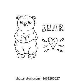 Animal forest vector. Cute hand drawn doodle cartoon bear with lettering and heart. Black line art on white background