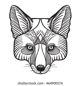 Animal fox head print for adult anti stress coloring page. Ethnic patterned ornate hand drawn vector illustration. Sketch for tattoo, poster, print or t-shirt.