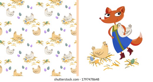 An animal fox with a seamless set pattern. Cute fox baby print and pattern kit