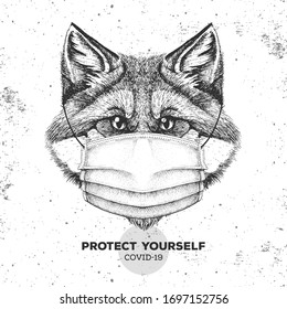 Animal fox wearing face medical mask. Covid-19 protection methods. Coronavirus Quarantine Warning. Vector illustration