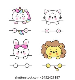 Montura animal con lindo unicornio conejo conejito gato y león bebé. Etiqueta de etiqueta divertida de la serie (garabatos planos Girly). Perfecto para niños de guardería, niños, baby shower girl, diseño de tela, camiseta estampada.