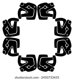 Animal frame with feline heads. Jaguar or snake with fangs or tongue. Native American art of Guatemala Maya Indians. Black and white silhouette.
