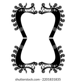 Animal frame with heads of fantastic dragons or griffins with long necks and spiral manes. Viking drakkar. Norse mythology. Black and white silhouette.