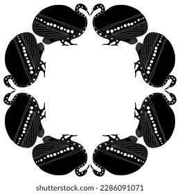 Animal frame with two stylized birds. Swan or waterfowl. Ancient Greek vase painting style. Black and white silhouette.