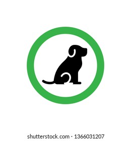 Animal friendly icon sign. Dogs are welcome. Vector pet allowed symbol illustration. Simple background print with green circle and puppy