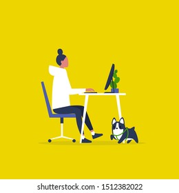 Animal friendly modern office. Pet at a workplace. Young female manager working on a computer. Flat editable vector illustration, clip art