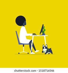 Animal friendly modern office. Pet at a workplace. Young black female manager working on a computer. Flat editable vector illustration, clip art