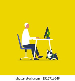 Animal friendly modern office. Pet at a workplace. Young male manager working on a computer. Flat editable vector illustration, clip art