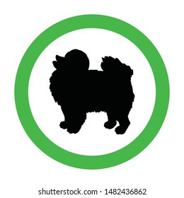 Animal friendly sign with black silhouette. Spitz. Dogs are welcome. Vector pet allowed illustration. Green circle. Illustration isolated on white.