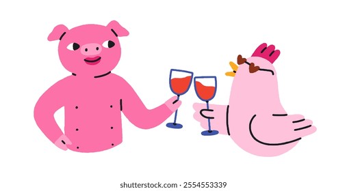 Animal friends celebrating with wine glasses. Funny pig and hen toasting, holding wineglasses, cheers. Cute characters at festive party. Flat vector illustration isolated on white background