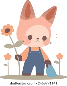 Animal Friend's Gardening, Cute Cartoon Style Vector Illustration (cat)
