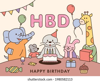 Animal friends gather to celebrate the otter's birthday. flat design style minimal vector illustration.