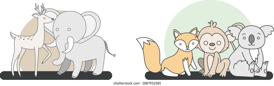 animal friends, isolated, fox, monkey, koala, elephant, deer