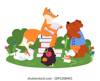 Animal friends reading. Fun animals school, bear fox rabbit read book. Cartoon children wildlife characters in forest decent vector concept