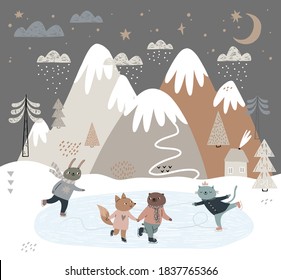 Animal friends skate for ice. Skating rink on the street overlooking mountains, clouds, house. Winter illustration with bear, fox, cat, and hare.