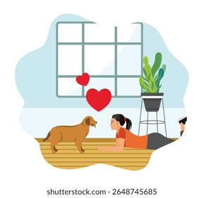 Animal friendship concept. A girl lies on the floor and communicates and playing with her beloved dog.