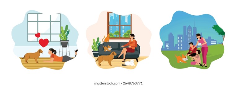 Animal friendship concept. Woman sitting relaxed on the sofa and playing with her pet dog and cat inside the house. Happy family enjoying free time together.