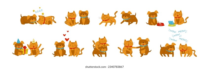 Animal Friendship with Funny Cat and Dog Vector Set