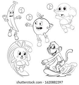 animal and fruit cartoon collection playing volleyball and surf for coloring book