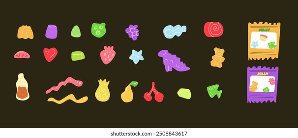 Animal and fruits, abstract shaped jelly candy sweets flat cartoon vector illustration set. Healthy candies creative design. Desserts objects on black background.