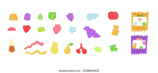 Animal and fruits, abstract shaped jelly candy sweets flat cartoon vector illustration set. Healthy candies creative design. Desserts objects on white background.