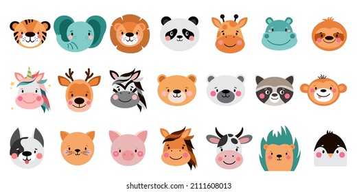 Caricatura animal divertida en Muzzles. Cara simple, simple y simple. Ilustraciones vectoriales sobre fondo blanco