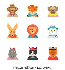 Animal funny faces. Hipster avatars of monkey cat kangaroo hippo tiger cute clothes zoo vector characters in flat style. Illustration of hipster animal, owl and hippopotamus