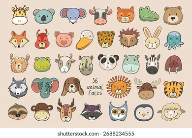 Animal funny heads vector illustrations set.