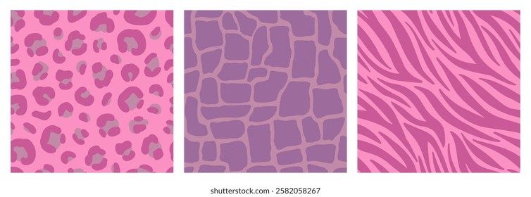 Animal fur patterns set. Leopard, giraffe, zebra prints in pink colors. Vector seamless fashion textures