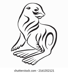 Animal fur seal sitting  drawing. Fur seal vector illustration. Linear drawing. Calligraphy image.