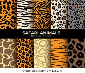 Animal fur seamless pattern backgrounds, vector set of leopard, tiger, zebra and giraffe skin print. African animals fur pattern, abstract simple brown stripes, spots and lines, natural texture fabric