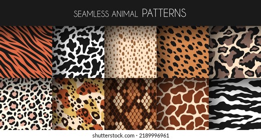 Animal fur seamless patterns. Leather and skin prints, natural fauna backgrounds, zoo mammals and reptiles textures, zebra jaguar and tiger, giraffe and cow wrapping paper tidy vector set